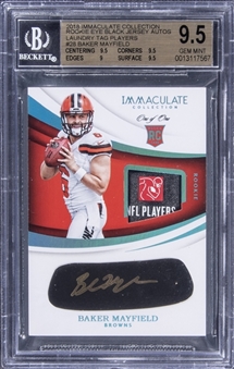 2018 Panini Immaculate Collection Rookie Eye Black Jersey Autographs Laundry Tag Players #EB-BM Baker Mayfield Signed Patch Rookie Card (#1/1) - BGS GEM MINT 9.5/BGS 9
